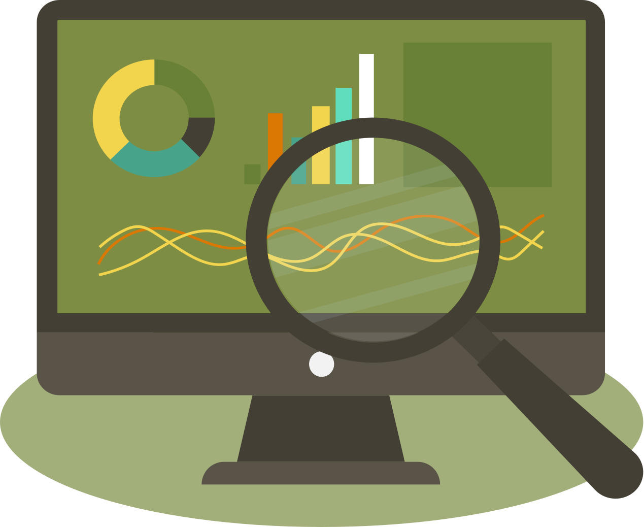 Ilustracija monitora sa lupom i analitikom - SEO analiza, pregled performansi sajta, detaljni izveštaji