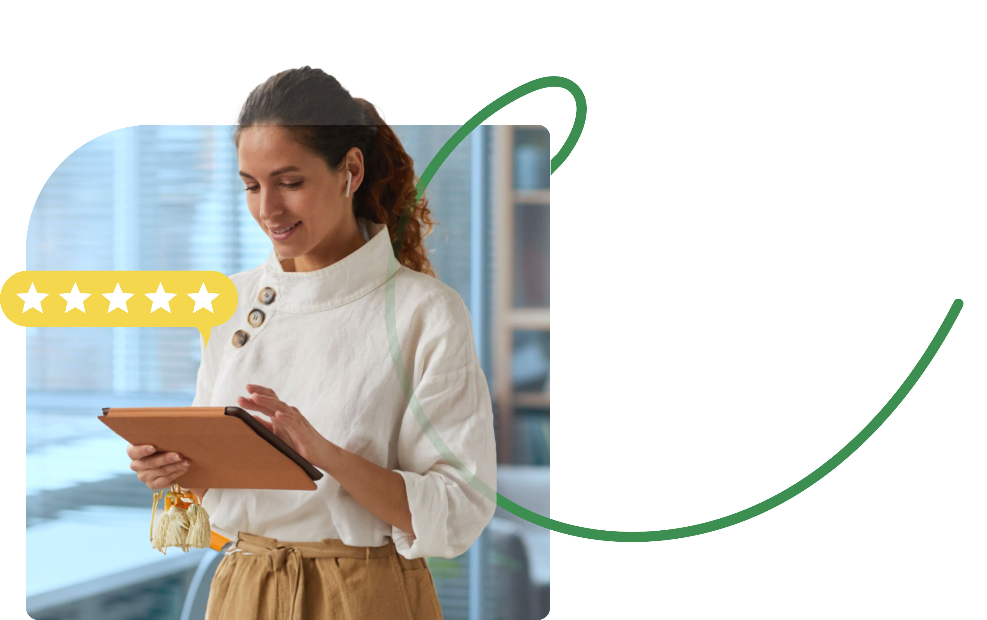 Upravljanje online reputacijom i recenzijama - profesionalna žena sa tabletom i 5-zvezdičnom ocenom